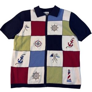 90s Alfred Dunner Nautical Patchwork Womens Large Short Sleeve Full Zip Sweater